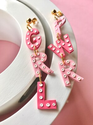 GRL PWR Earrings, Girl Power Earrings, Feminism Earrings, Feminist jewelry, Pink hollywood lights letter earrings, girly earrings - image3